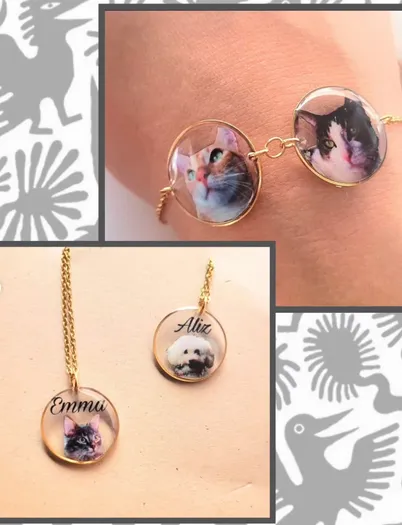 Collage of custom pet pendants and bracelets with hand-lettered pet names